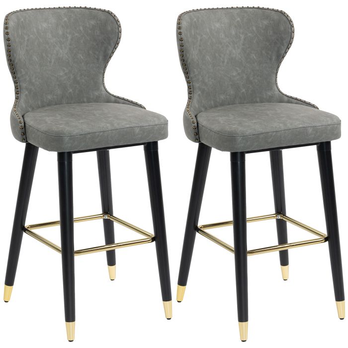 YSMARIN Leather Bar Stools Set of 2 with Footrest and Wood Legs - Grey