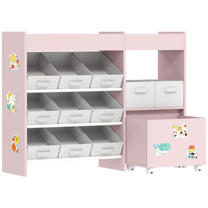 THRYVELL Kids Toy Storage Cabinet with 11 Bins, Top Shelves, 3 Stickers - Pink