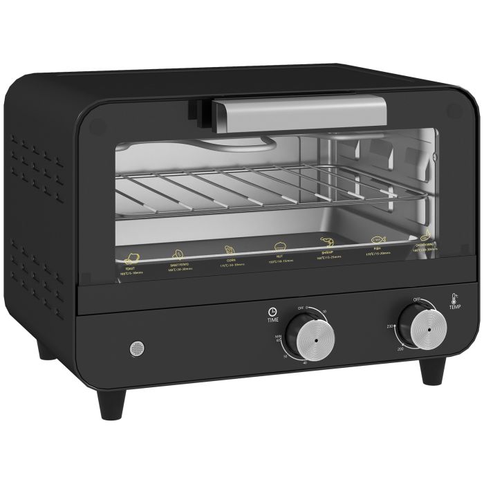 ELVANNE Small Toaster Oven 12L Multifunction Mini Countertop with Glass Door, Adjustable Temperature and Timer - Black