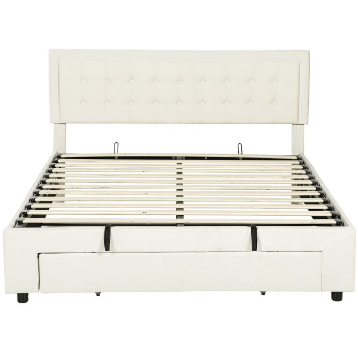 XERYTHRA Kingsize Ottoman Storage Bed with Front Drawer - Cream