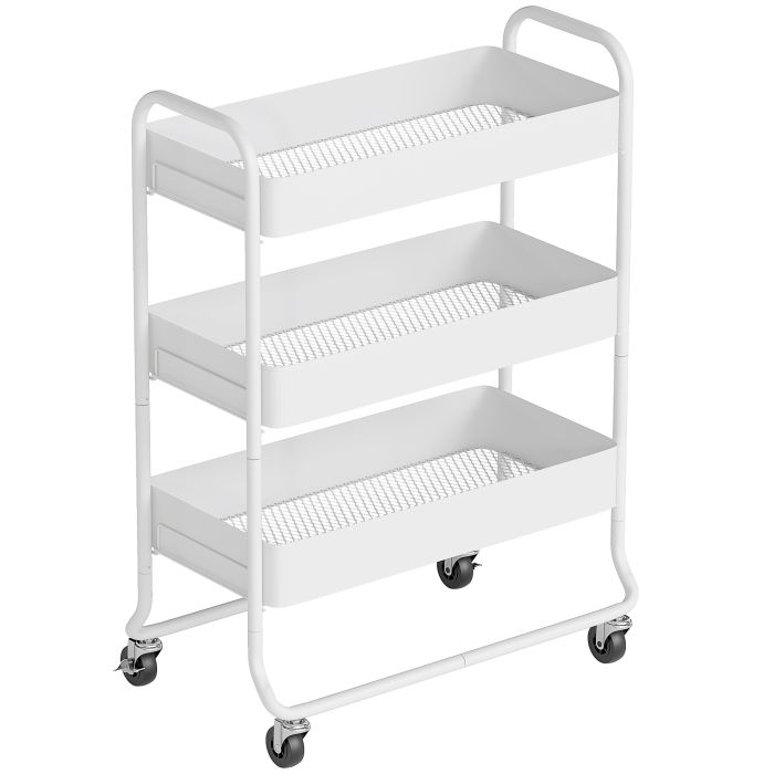 WALVORN 3-Tier Storage Trolley on Wheels with Rolling Utility Cart and Mesh Backets - White