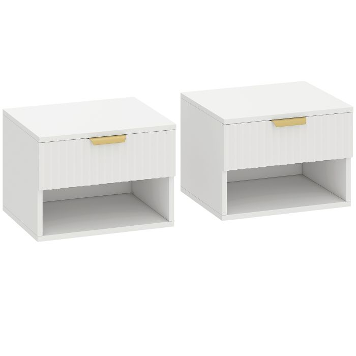 DURNYX Floating Wall Mounted Bedside Table with Fluted Drawer and Open Shelf Set of 2 - White