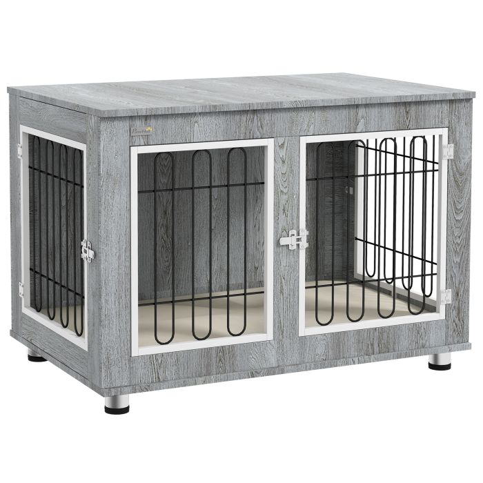 BAKEWELL Dog Crate Furniture End Table with Cushion and Double Doors for Medium and Large Dogs - Grey, White and Black