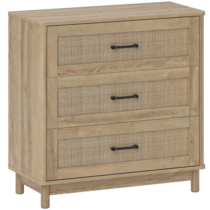MONARI Oak Finish Chest of Drawers - Medium-sized, 3 Drawers, Rattan