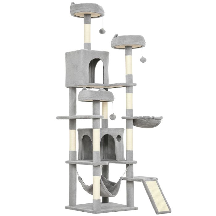 BRANSCOMBE 192 cm Cat Tree with 8 Scratching Posts, 3 Plush Beds and 2 Hammocks - Light Grey and Cream White