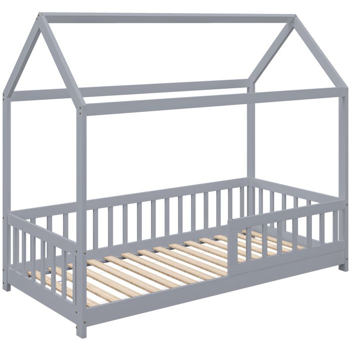 STONLEIGH Kids Single Pine Wood House Bedframe with Guard Rails - Grey