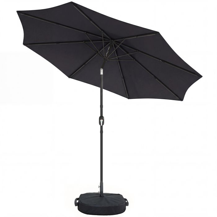 Elmglen Black Metal 2.7m Parasol Umbrella with Cross Base and Sandbag - 267cm