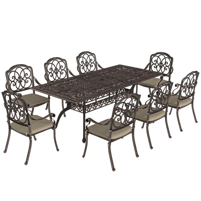 Coron Khaki Aluminium 9 Piece Garden Table and Chairs Set - 106cm