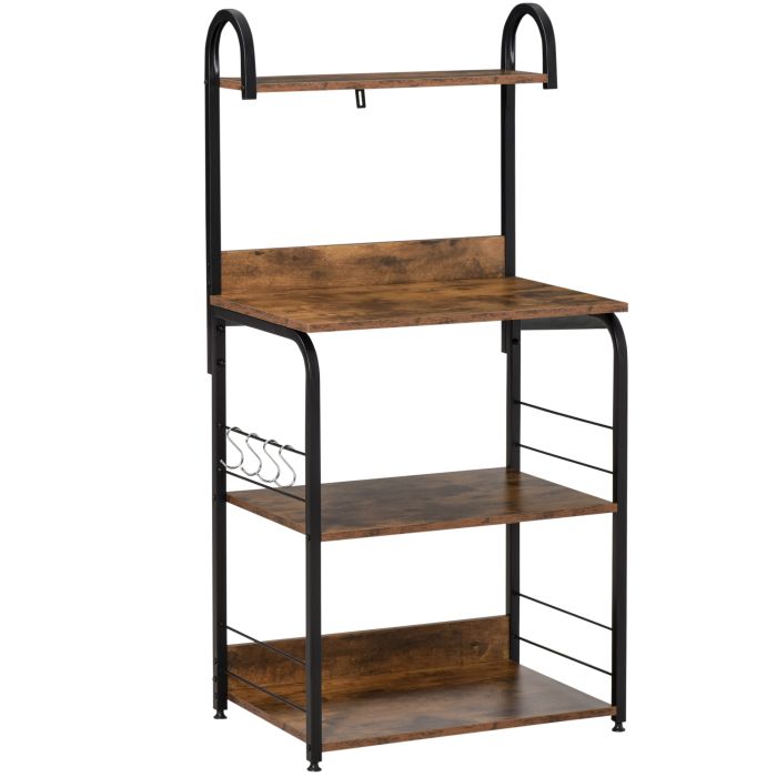 BLACKFORD 4 Tier Bakers Rack and Microwave Stand with 4 Hooks for Kitchen Storage - Rustic Brown