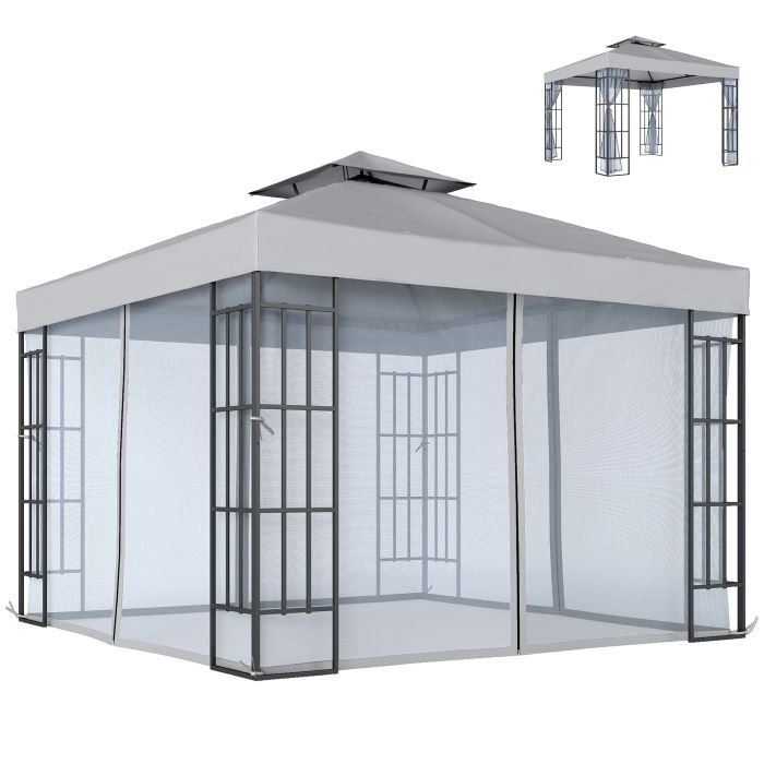 Kencarr Light Grey Steel 3x3m Gazebo Canopy Pavilion Tent Shelter Mosquito Netting - 297cm