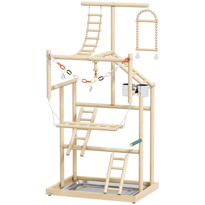 DITCHLING 95 cm Wooden Bird Playground with Ladders, Chain Toy, Steel Cups and Tray - Natural Wood
