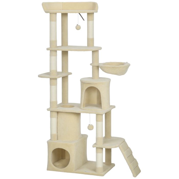 HALYVORN 170 cm Cat Tree with 7 Scratching Posts, 2 Condos, Tunnel, Hammock, Perch and Ramp - Beige and Cream White