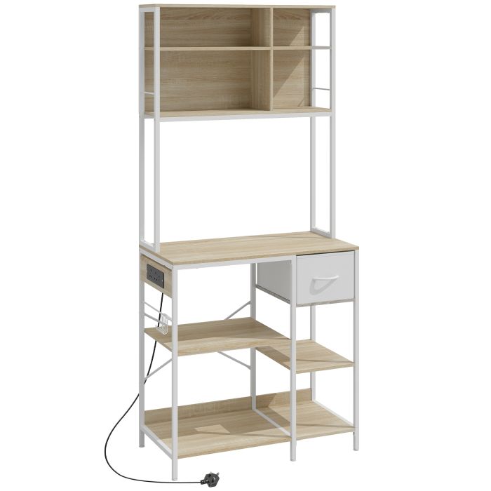GISBURN Kitchen Bakers Rack and Microwave Stand with Storage Shelves and 6 Hooks - Oak and White