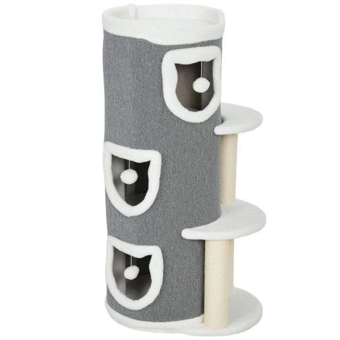 BUCKDEN 101 cm Cat Tree with 3 Barrel Condos, 3 Platforms and Sisal Scratching Posts - Grey, White and Cream