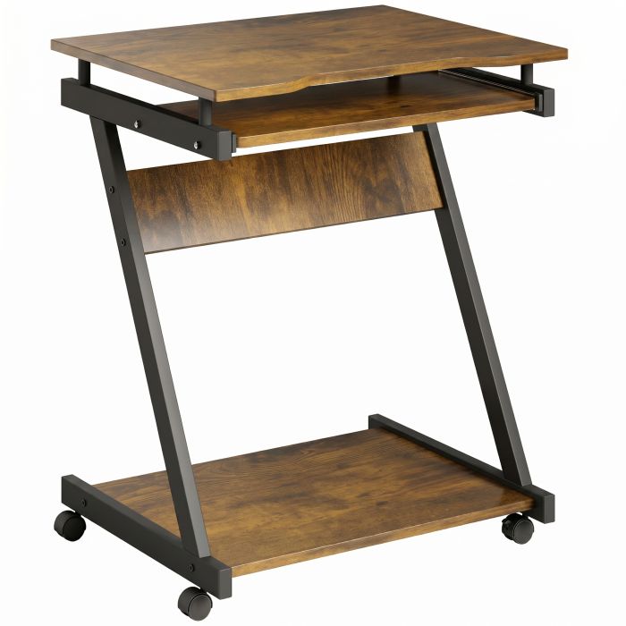KIRKBY Mobile Computer Desk with 4 Wheels and Keyboard Tray - Rustic Brown