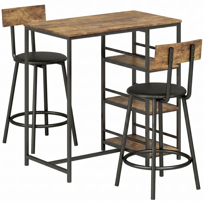 EDGBASTON 3 Piece Breakfast Bar Table and 2 PU Leather Stools Set with Storage Shelves - Rustic Brown and Black