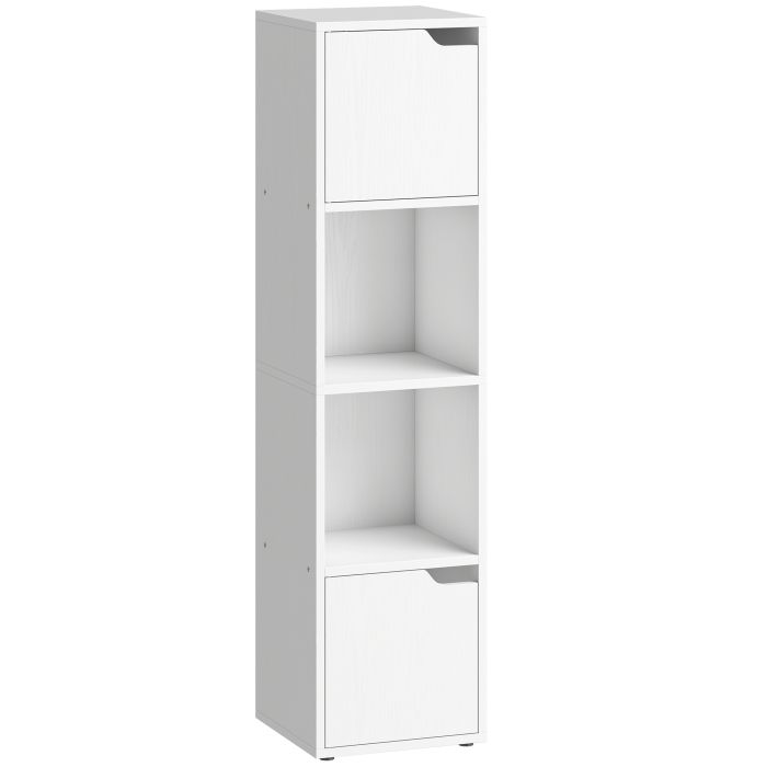 CADMORE 4 Tier Narrow Bookcase and Storage Cabinet with Doors - White