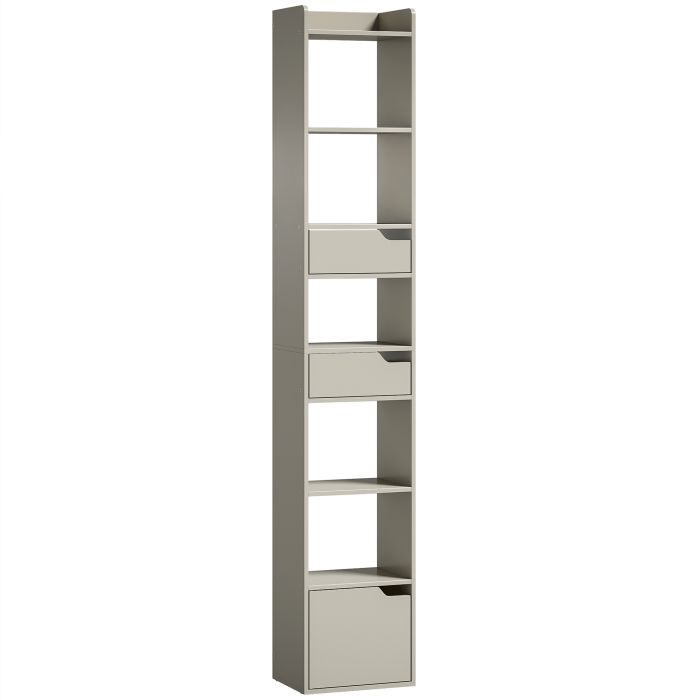 CALDECOTE 5 Tier Tall Narrow Bookcase with Drawers and Freestanding Storage - Grey
