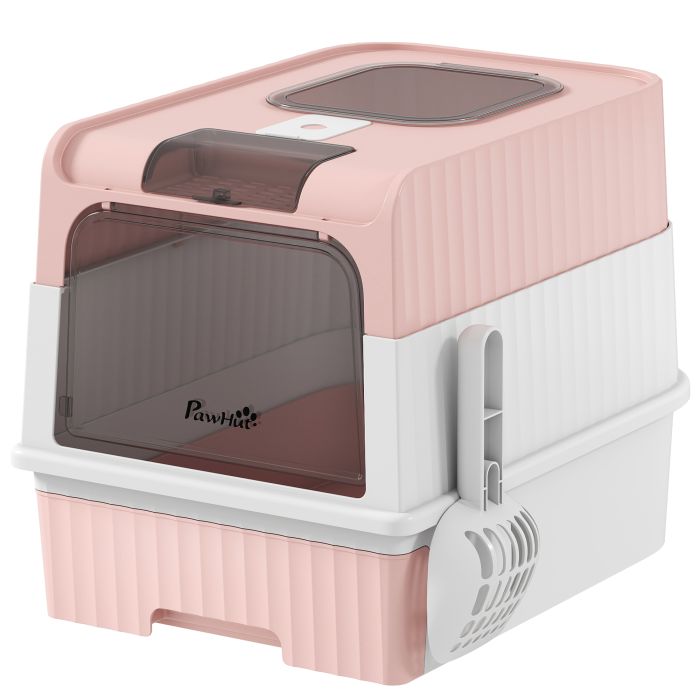 SANDHURST Enclosed Cat Litter Box with Pull Out Tray, Scoop, Front Entry and Top Exit - Pink, White and Black
