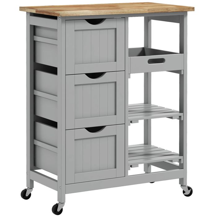 SUDBURY Rolling Kitchen Island and Serving Cart with Wood Top, Shelves and Drawers - Grey