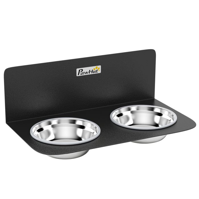 TAVISTOCK Wall Mounted Raised Dog Feeding Station with 2 Steel Bowls and Adjustable Height - Black