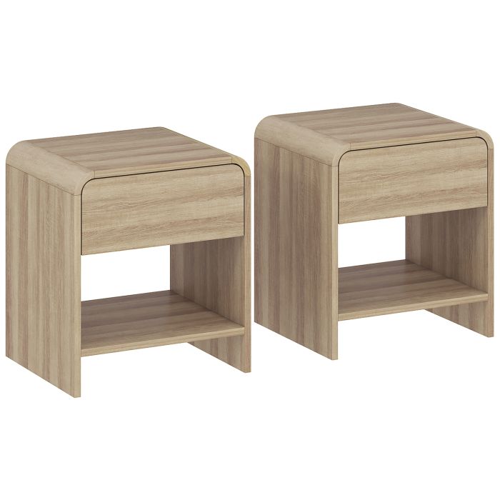 UTTOXETER Set of 2 Bedside Tables with Rounded Corners and Silent Drawers - Natural Wood