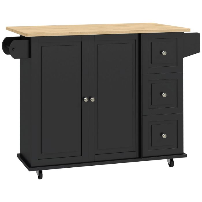 HANBURY Rolling Kitchen Island with Drop Leaf, 3 Drawers and Storage Cabinet - Black and Natural
