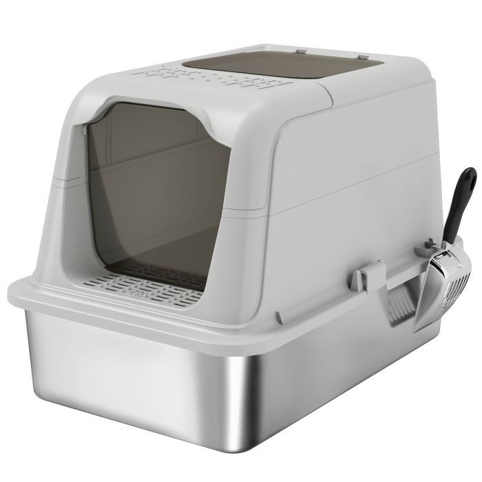 MISTLEY Extra Large Stainless Steel Enclosed Cat Litter Box with Scoop and Dual Entry - Light Grey