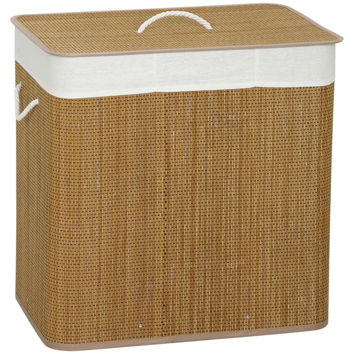 DUNSTER 144L Bamboo Laundry Basket with Lid, 3 Sections, Handles and Washable Liner - Brown
