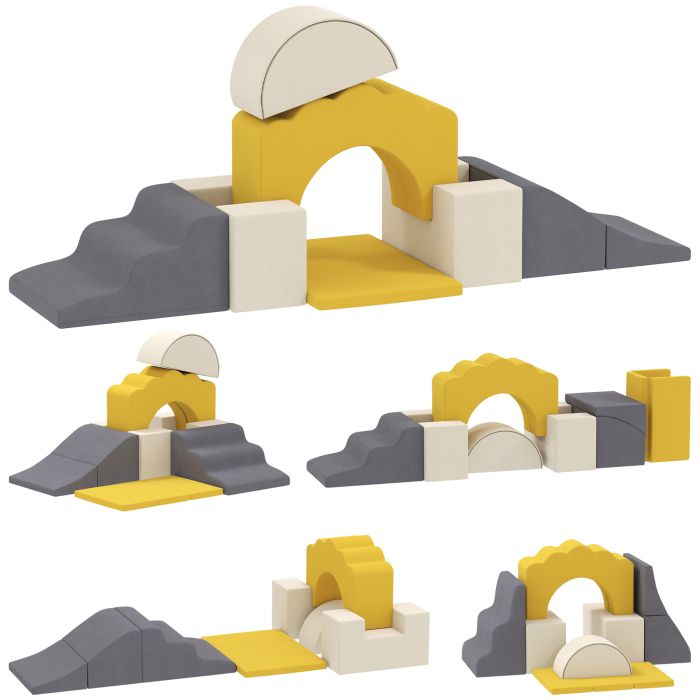 POCKLINGTON 7 Piece Kids Soft Play Climbing and Crawling Foam Set with Detachable Cover - Yellow, Beige and Grey