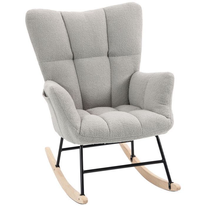 WILMSLOW Teddy Fleece Rocking Chair with Tufted Back, Side Pockets and Rubber Wood Legs - Light Grey