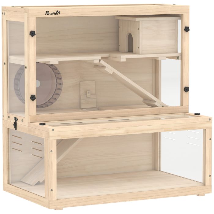 OAKTHOR 80 x 50 x 84 cm Wooden Hamster Cage with Hut, Wheel, Ramps and Viewing Panels - Natural Wood