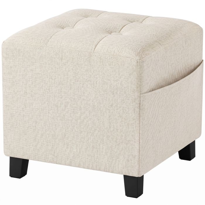 KALEN Small Square Ottoman Footstool with Side Pocket, Wood Legs and Padded Seat - Beige