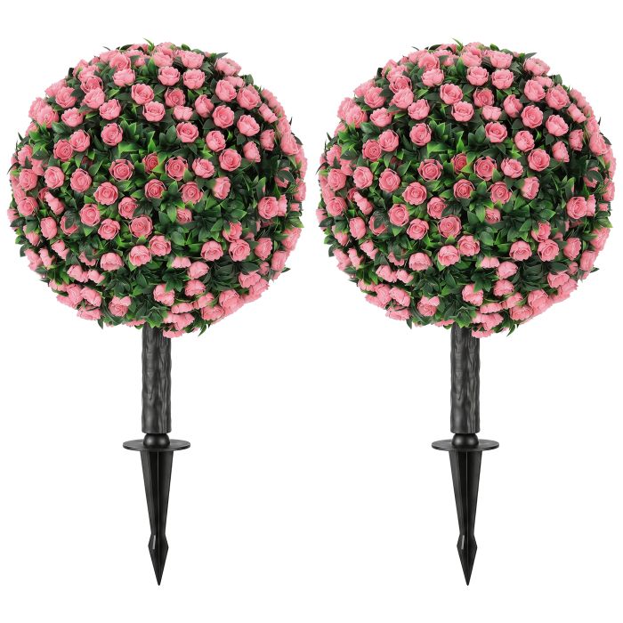 KIMBOLTON Set of 2 UV Resistant Artificial Rose Topiary Plants, 55 cm Tall - Pink