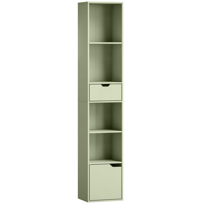 DRAXMERE 6 Tier Tall Narrow Bookcase with Drawer and Cupboard Door - Green