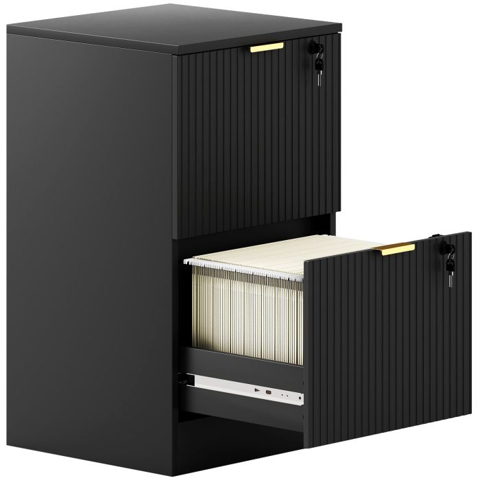 WEXLYNE Fluted Vertical Filing Cabinet with 2 Lockable Drawers and Hanging Rails - Black
