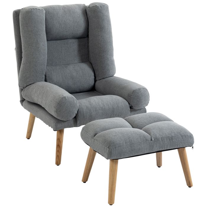 KELVEDON Recliner Armchair and Footstool with Adjustable Backrest, Thick Cushion and Wood Legs - Grey