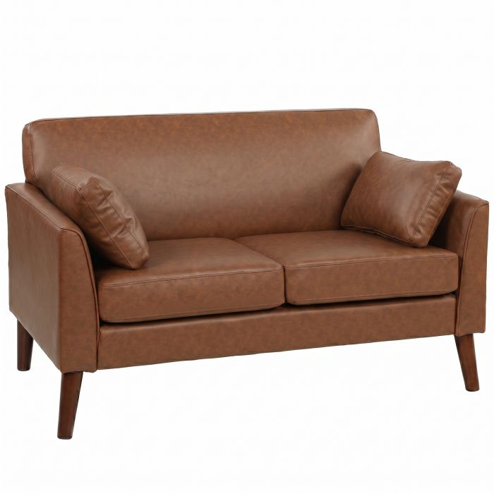 WIRTHLIN 132 cm Modern 2 Seater Small Sofa with Solid Wood Legs and 2 Pillows - Brown