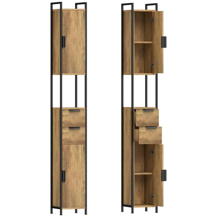 SWANAGE Tall Freestanding Bathroom Storage Cabinet with Drawers and Shelves - Brown and Black