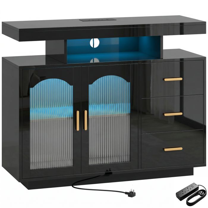 FINEDON High Gloss Sideboard with LED Lights, Power Outlets, 3 Drawers and 2 Acrylic Doors - Black