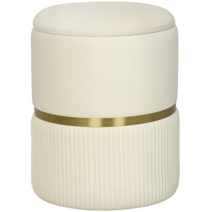 JUVIX Round Velvet Storage Stool with Removable Top, Padded Seat and Hidden Storage - Beige and Natural Wood
