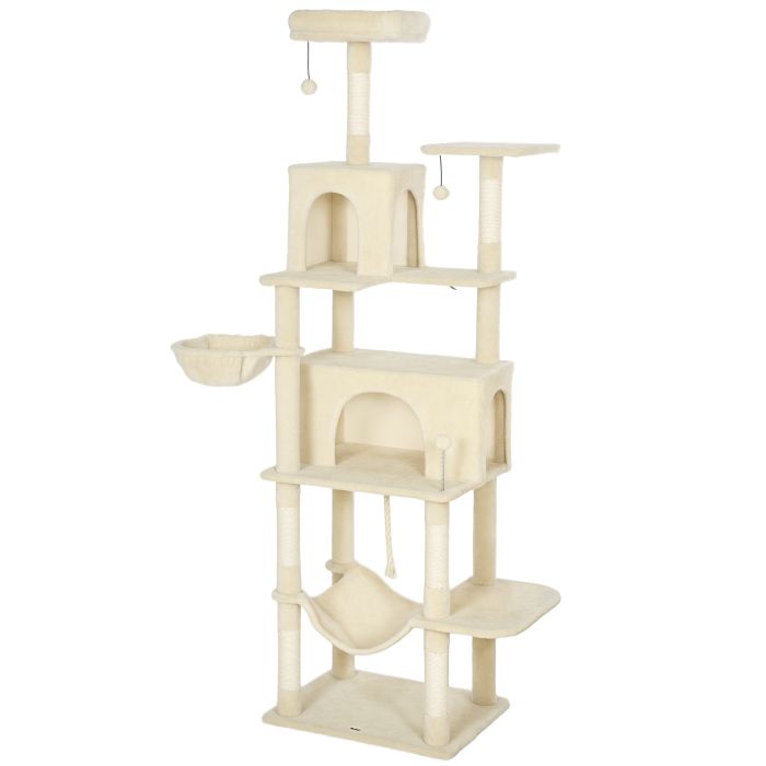 WEXOR 202 cm Cat Tree with 6 Scratching Posts, 2 Hammocks, 2 Condos and 2 Perches - Beige and Cream White