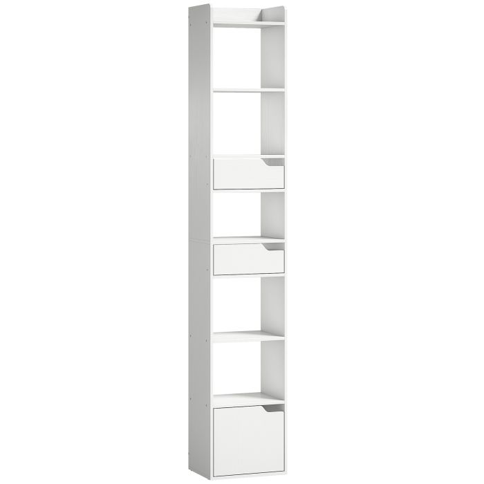 CALDECOTE 5 Tier Tall Narrow Bookcase with Drawers and Freestanding Storage - White Wood Effect