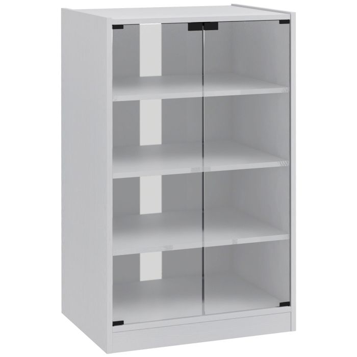 IVERLEY 4 Tier Hi Fi and Record Player Stand with Adjustable Shelves and Glass Doors - White Wood Effect