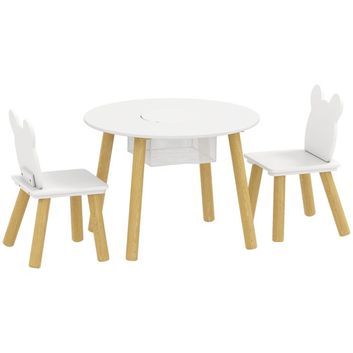 DORKING 3 Piece Kids Activity Table and Chairs Set with Mesh Bag and Bear Backrests - White