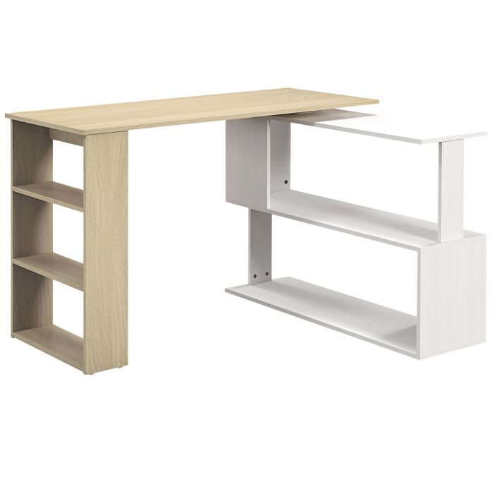 BOSWORTH L Shaped Corner Computer Desk with 360 Degree Rotating Bookcase, 120 x 110 x 74.5 cm - Natural and White