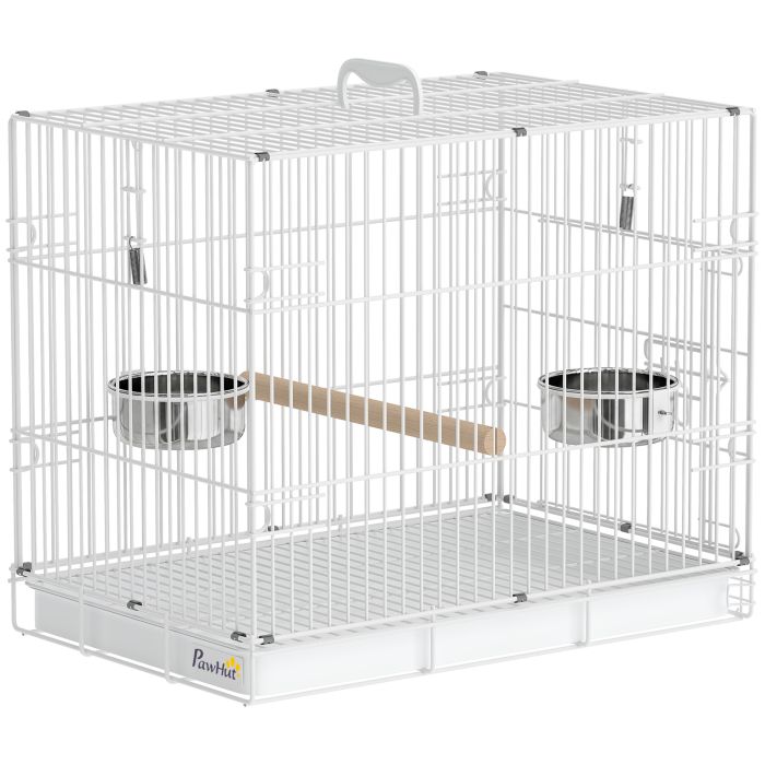 HOLTBY Foldable Portable Budgie Bird Cage with Wood Perch and 2 Bowls, 49 x 31 x 40 cm - White