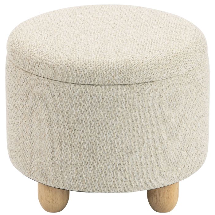 REIGATE Round Storage Ottoman Bench with Hinged Lid and Rubber Wood Legs - Beige