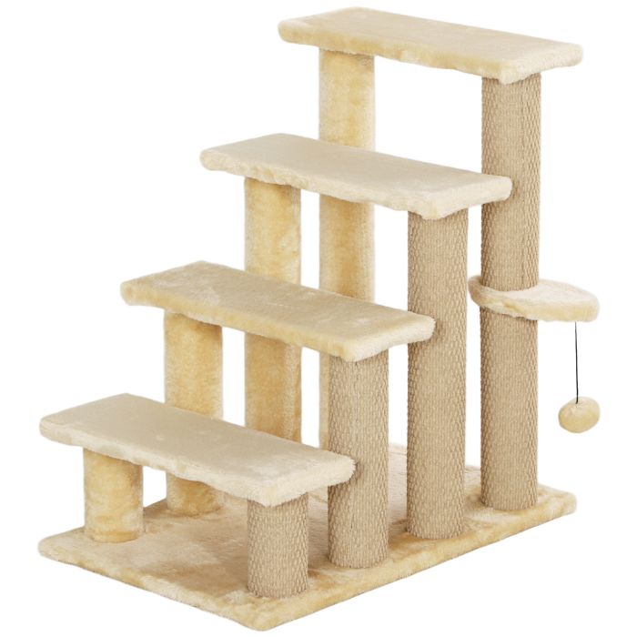 FLITWICK 4 Step Pet Stairs with Scratching Posts, Platforms and Toy Ball - Beige