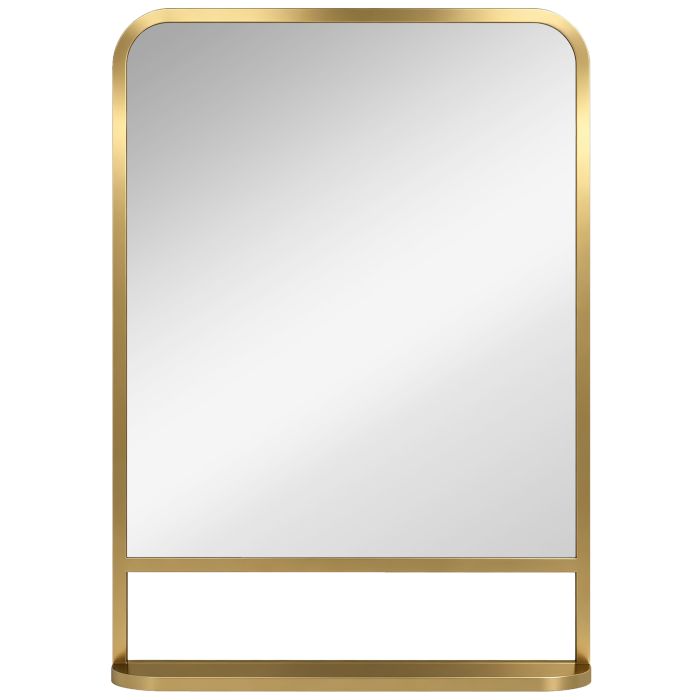 PURLEY 70 x 50 cm Modern Rectangular Wall Mirror with Storage Shelf - Gold Tone